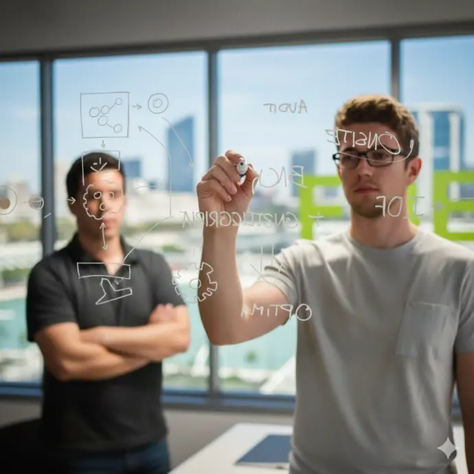 Consultoría Integral Valencia - Estrategia y Digitalización 365 Consultoría 365 Valencia integral. Icono esquema negocio con engranajes y gráficos sobre un fondo con el skyline de Valencia. Gestión eficiente de procesos.