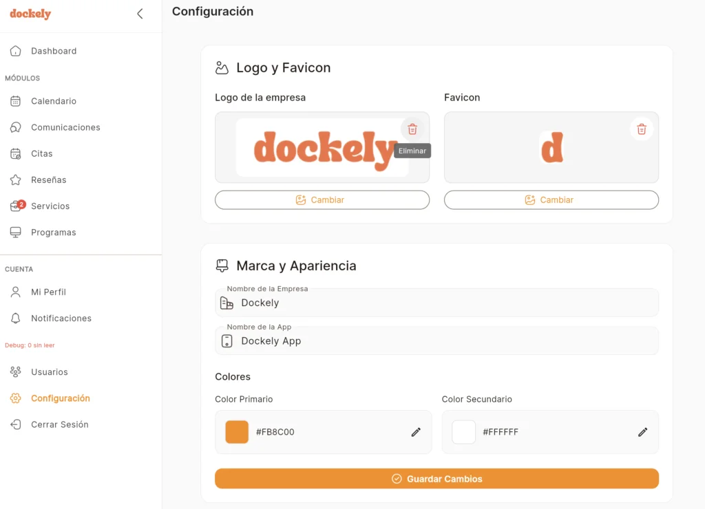 Vista configuración Vista de panel de personalización de tu aplicación