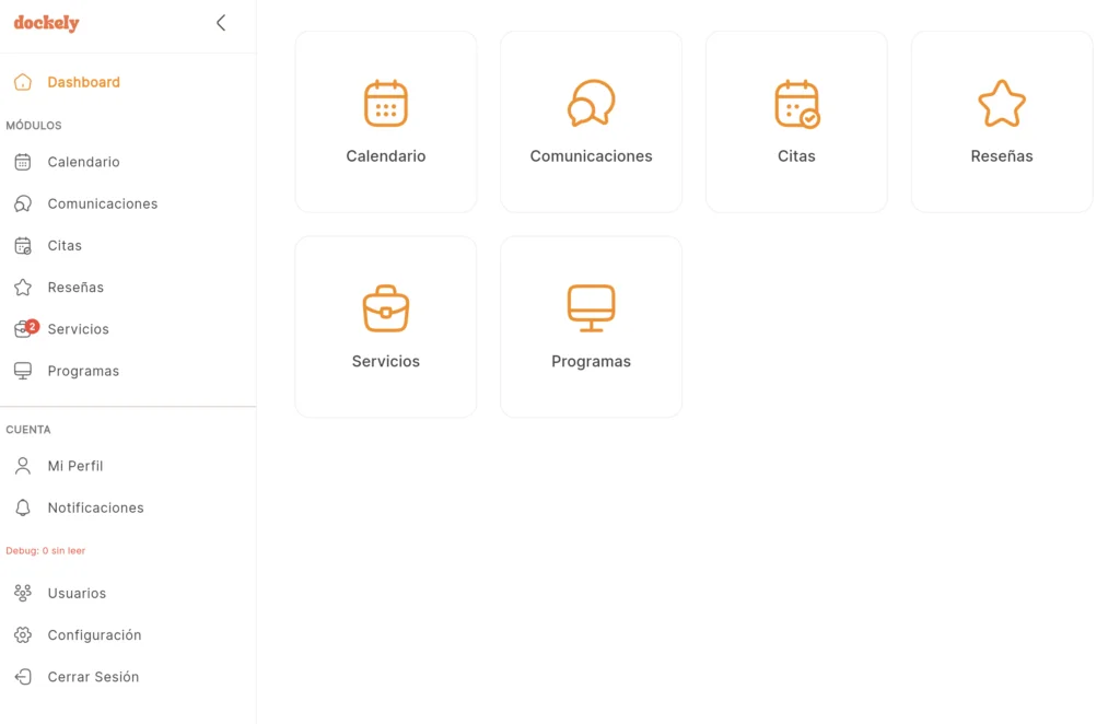Vista panel de configuración de la aplicacion Vista del panel principal de gestión de la aplicación